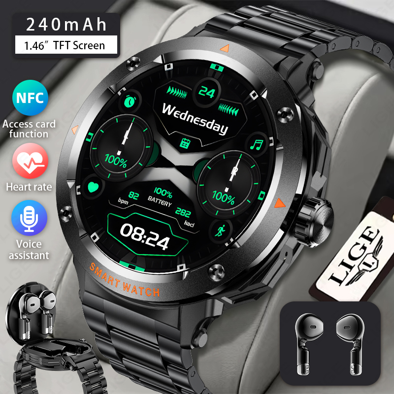 Smartwatch Headset - LIGE 남성용 이어폰 스마트워치 블루투스 통화
