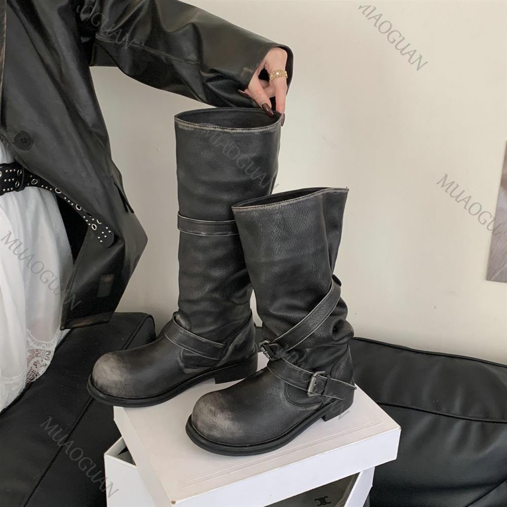 Leather Classic Strap - 봄 가을 청키 힐 허벅지까지 오는
