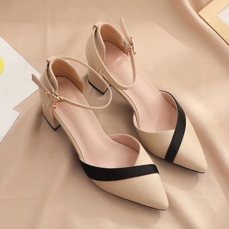 여성용 클래식 베이지 스퀘어 힐 포인티드 슈즈, 파티, - Leather Classic Strap 리뷰 및 가격