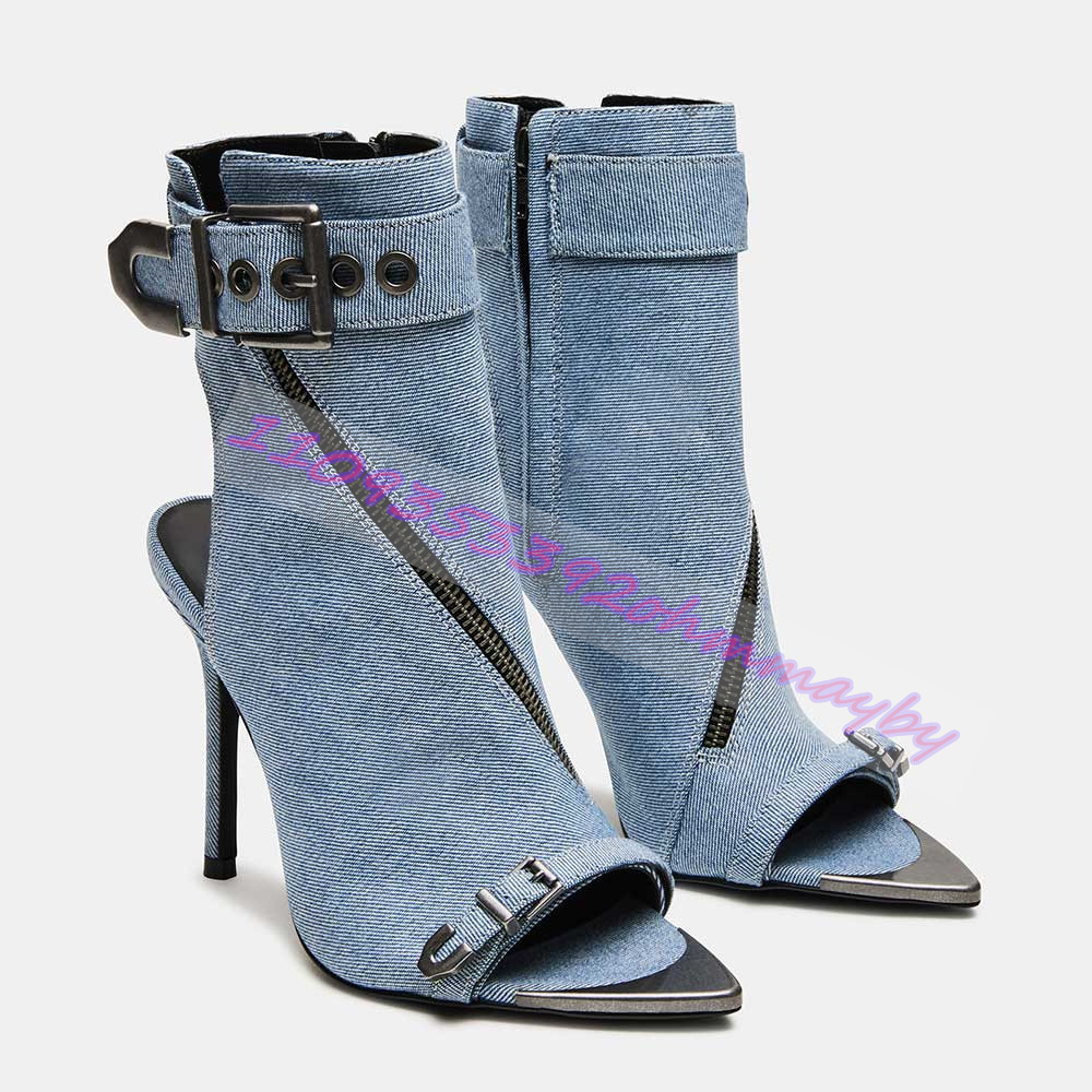 여름 블루 데님 포인티드 토 부츠 여성용 오픈 토 가죽 - Leather Classic Strap 리뷰 및 가격